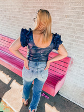 Load image into Gallery viewer, Navy Faux leather ruffle sleeve bodysuit
