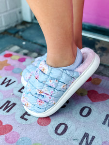 Blue pink floral slippers
