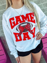 Load image into Gallery viewer, White and red game day football bow sweatshirt
