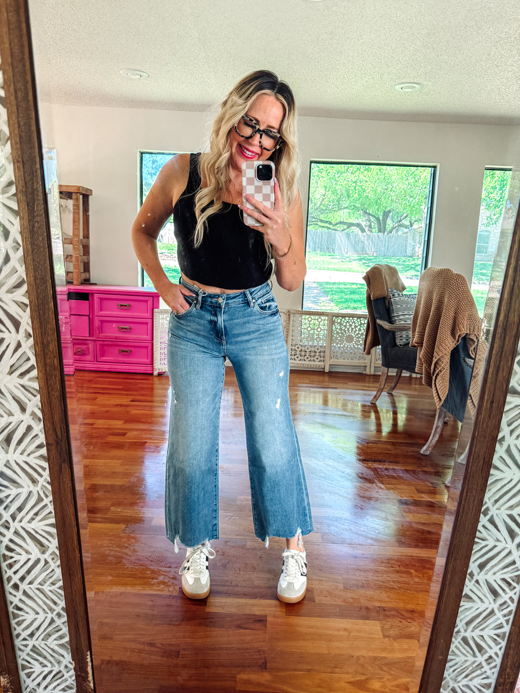 High rise medium wash crop wide leg jeans