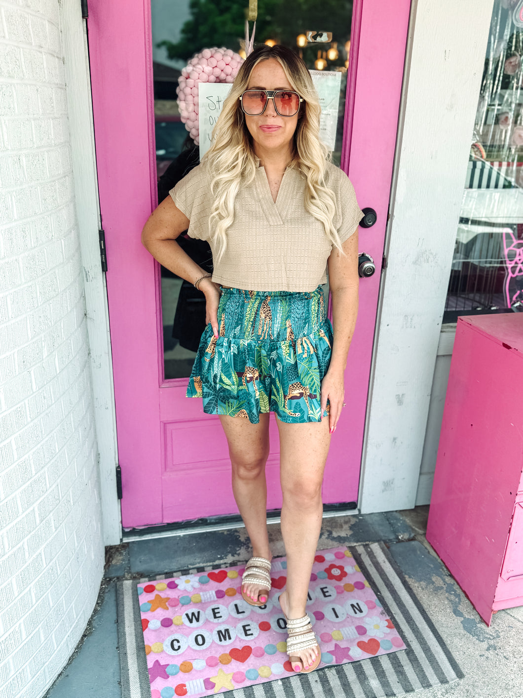 Green leopard shorts