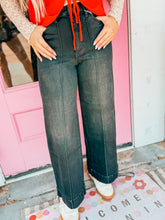 Load image into Gallery viewer, Black stretch high rise pin tuck wide leg jeans
