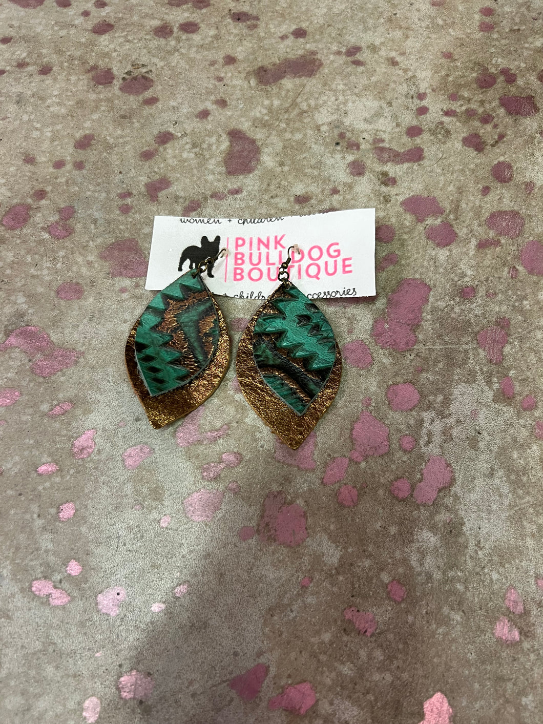 turquoise/bronze aztec Pink Bulldog Earrings, One Size