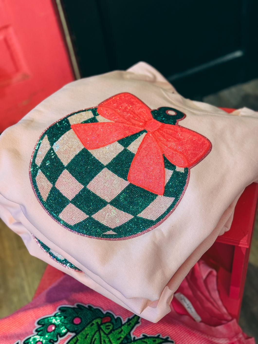 Pink checkered sequin ornament sweater
