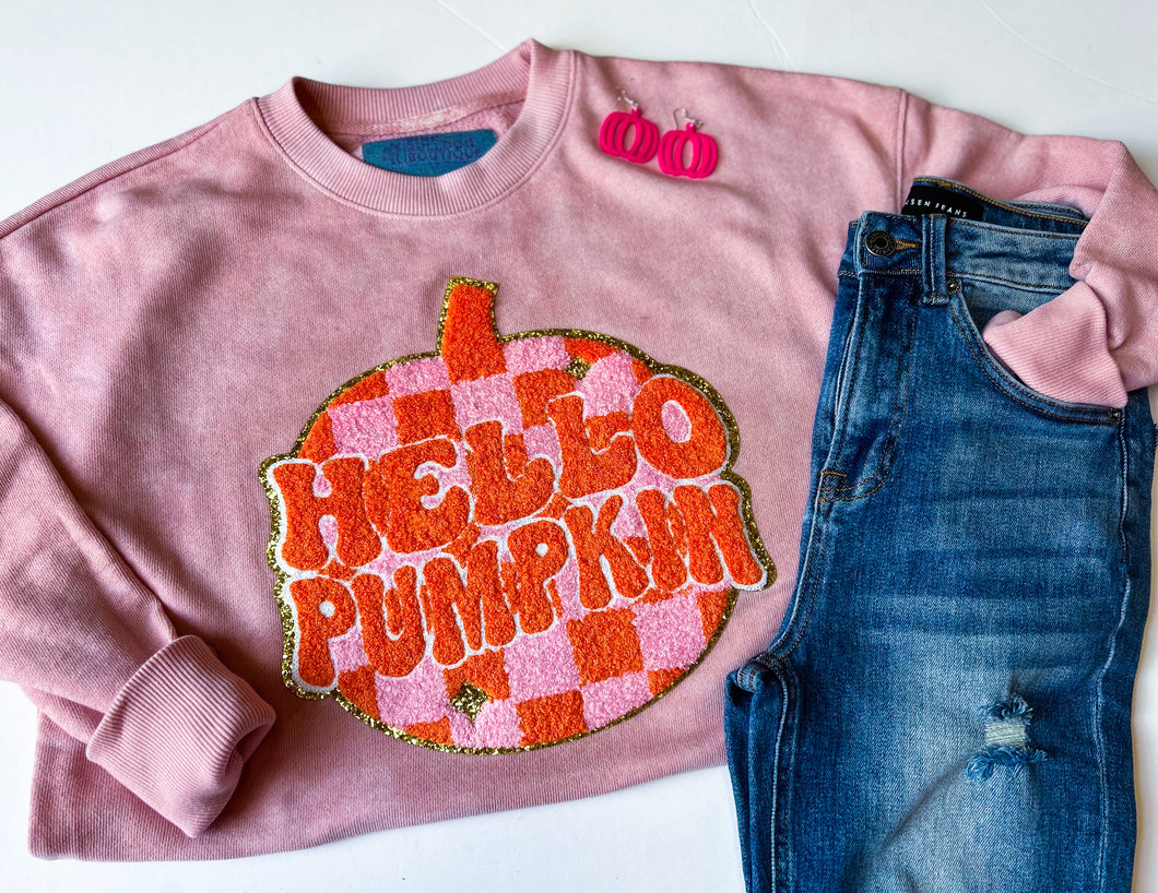 Hello Pumpkin chenille patch bleached sweater