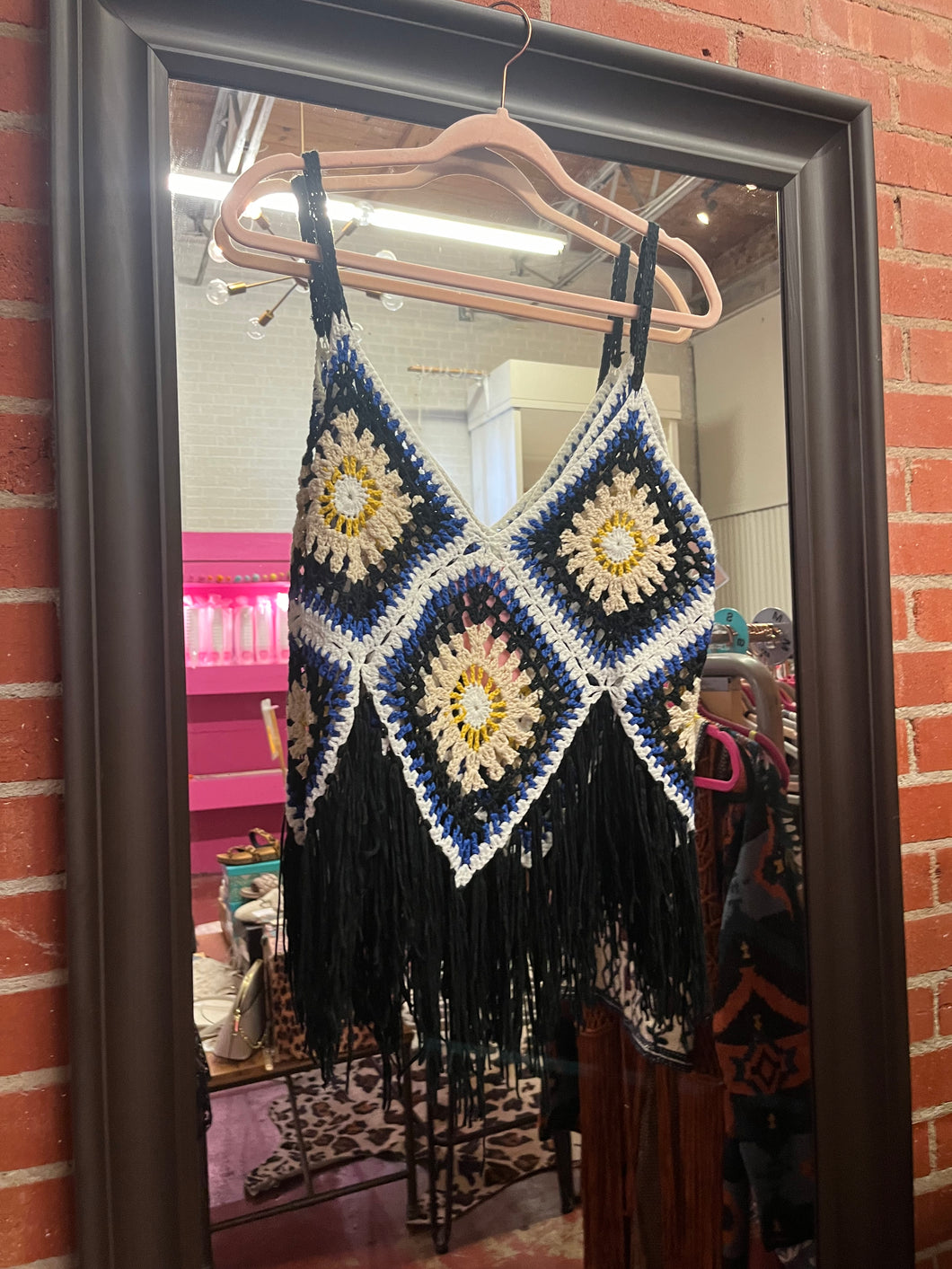 blue and white fringe Pink Bulldog coverup, Medium