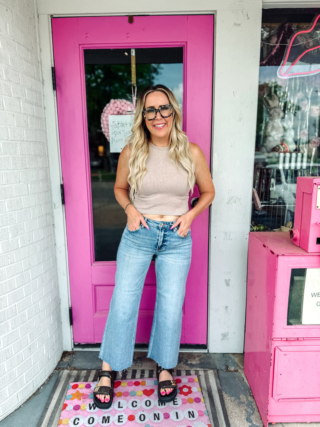 Mid rise light wash crop wide leg jeans