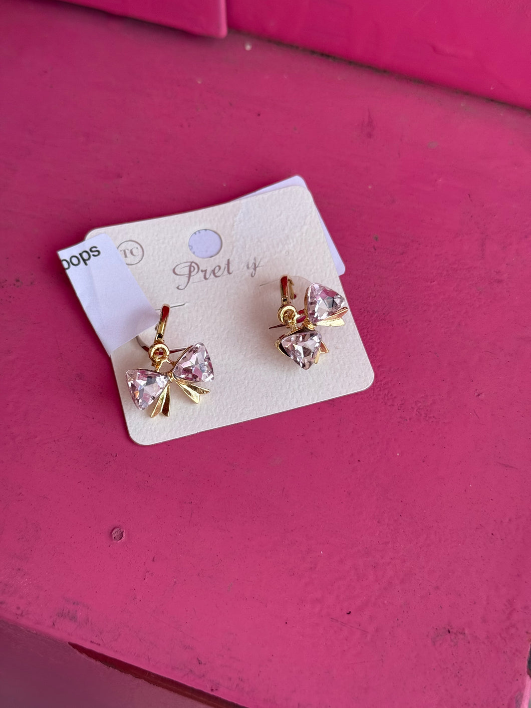 Gold pink rhinestone bow hoops