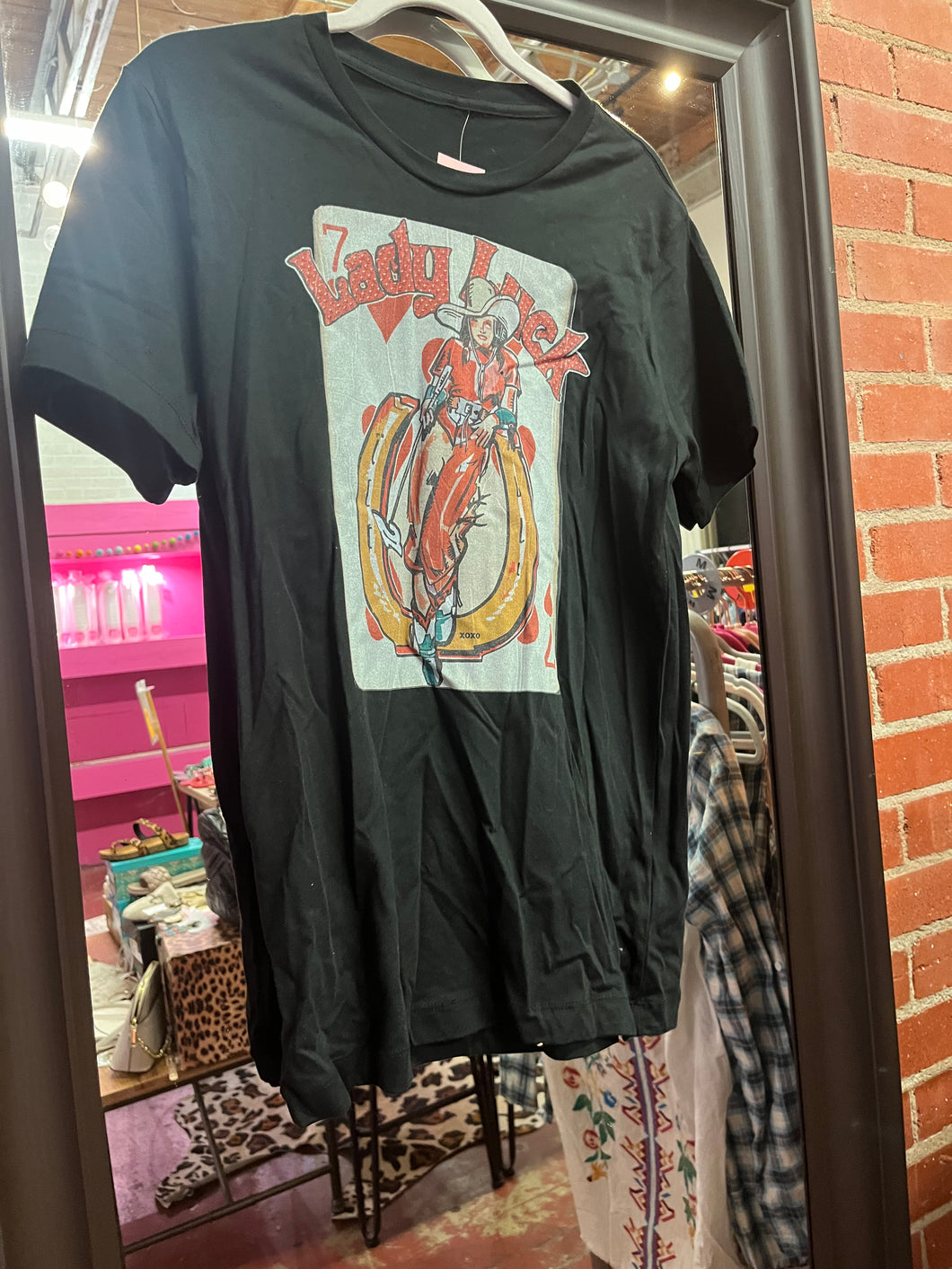 Black Pink Bulldog Womens Top/ lady luck, Small