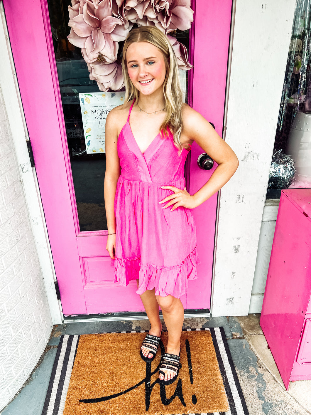 Pink Ruffle lattice open back dress