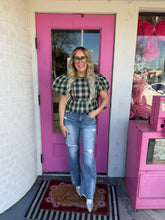 Load image into Gallery viewer, Plaid Bubble Sleeve Peplum Blouse
