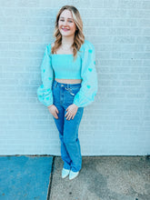 Load image into Gallery viewer, Sky blue sequin heart smocked crop

