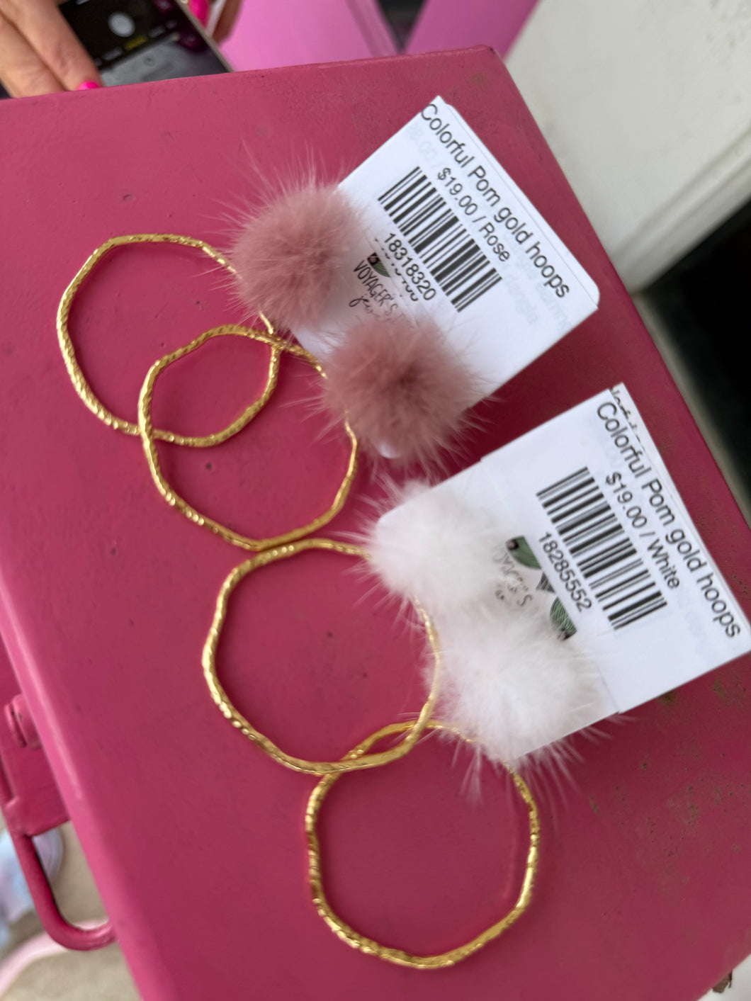 Colorful Pom gold hoops