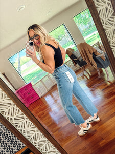 High rise medium wash crop wide leg jeans