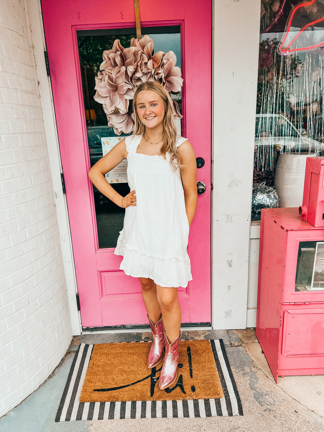White linen open back dress
