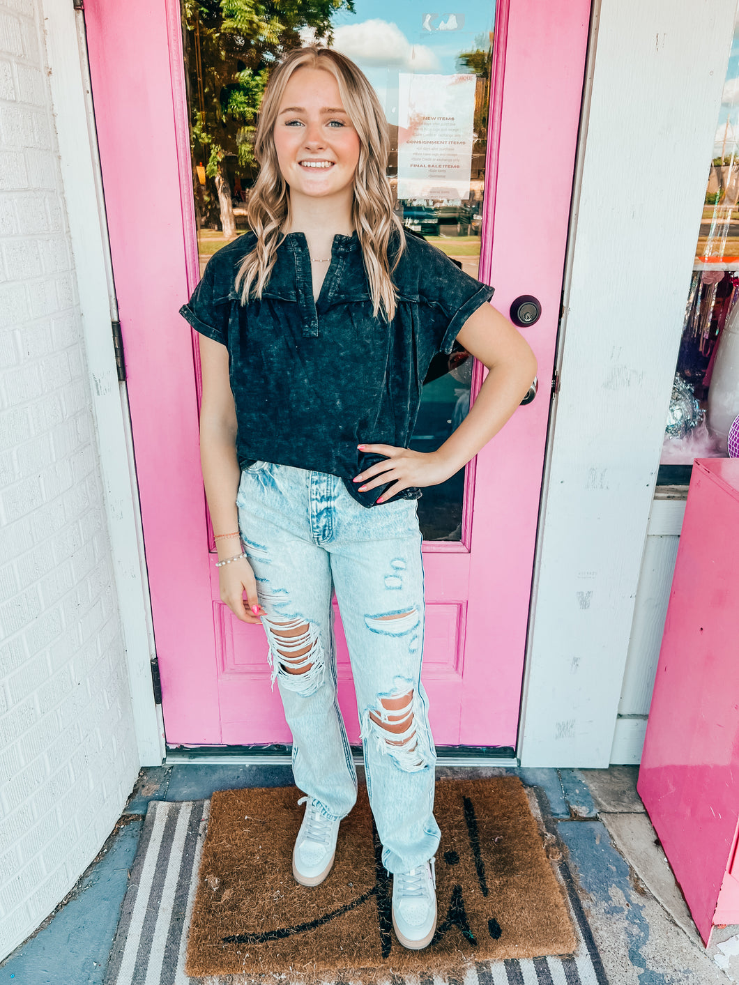 Split neck washed knit top