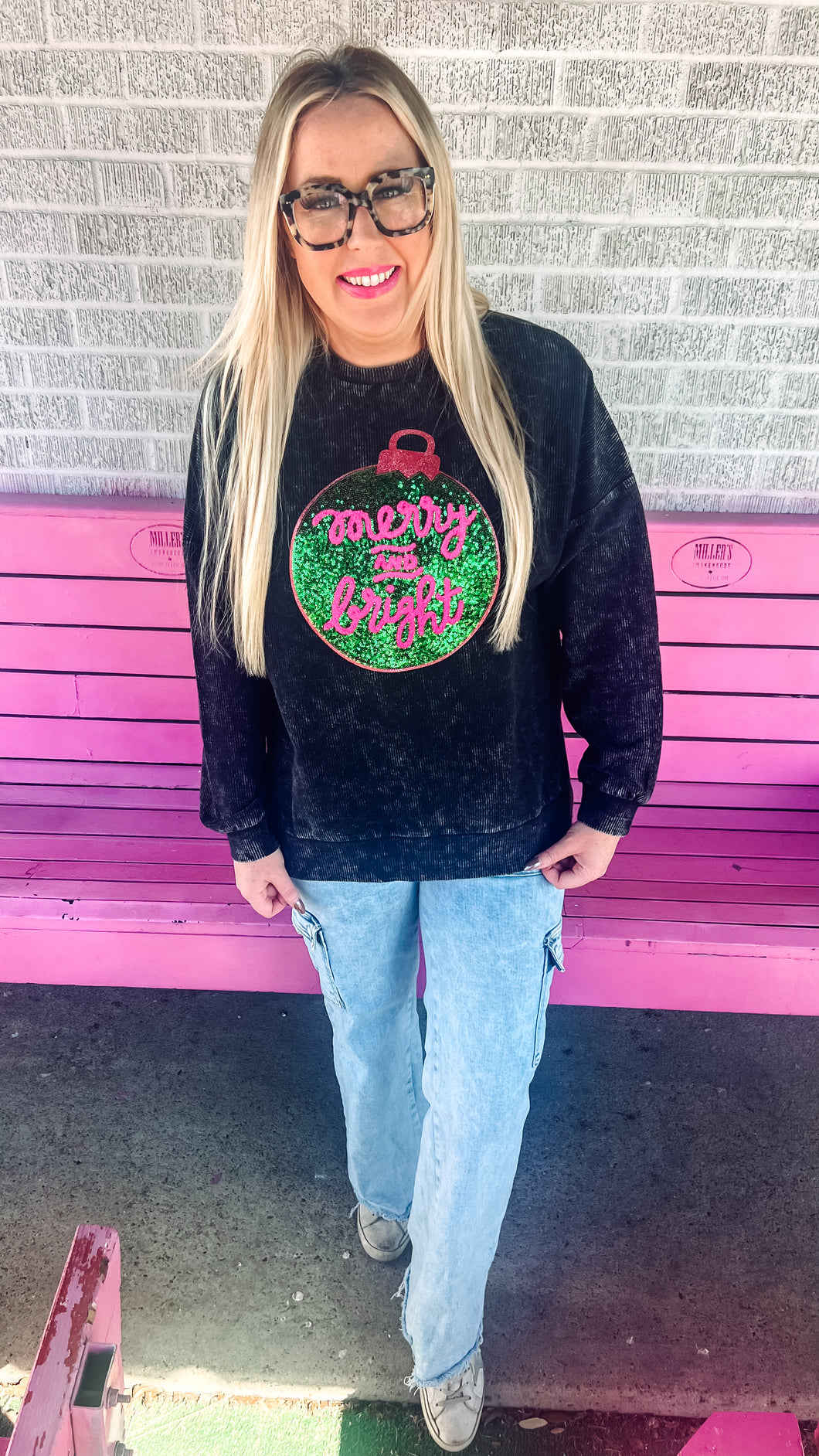 Merry & Bright Black Side Slit Corded Sweater