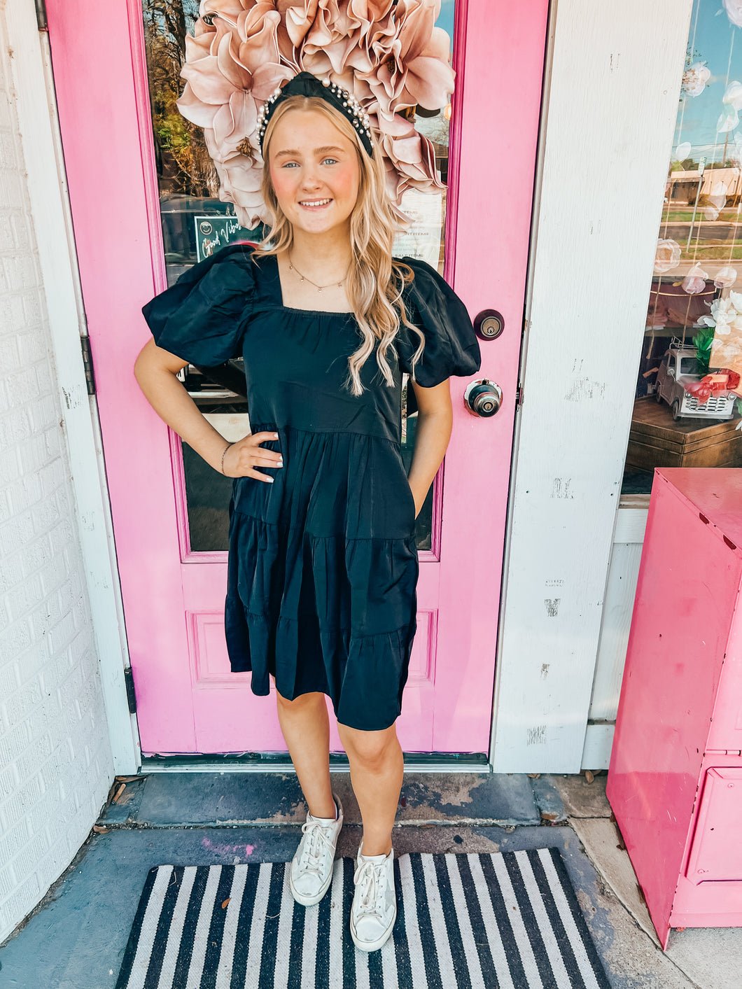 Black flutter sleeve dress