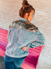 Load image into Gallery viewer, Gold sequin denim jacket
