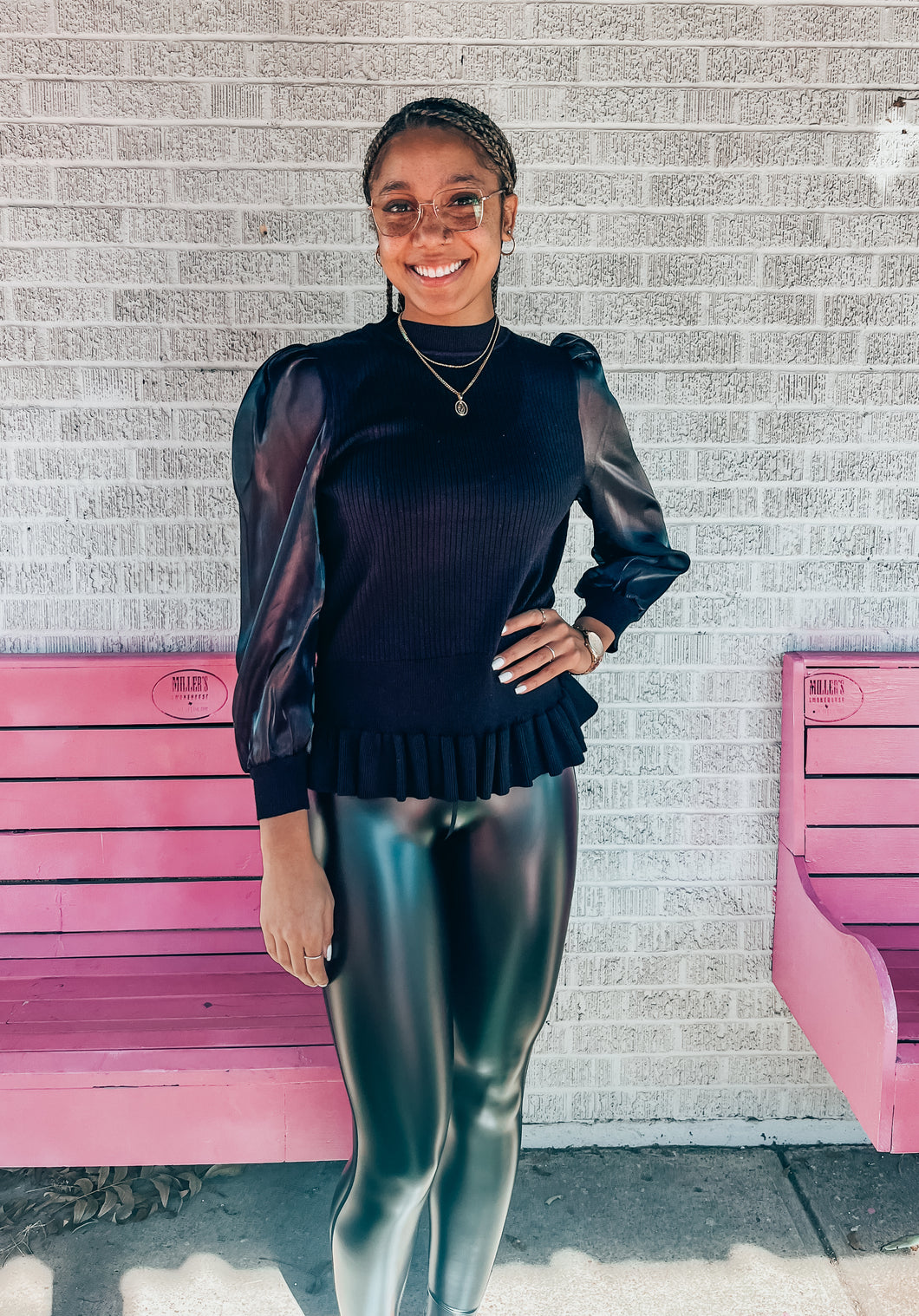 Black puff sleeve ruffle sweater
