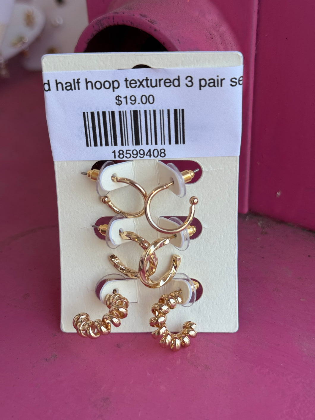 Gold half hoop textured 3 pair set
