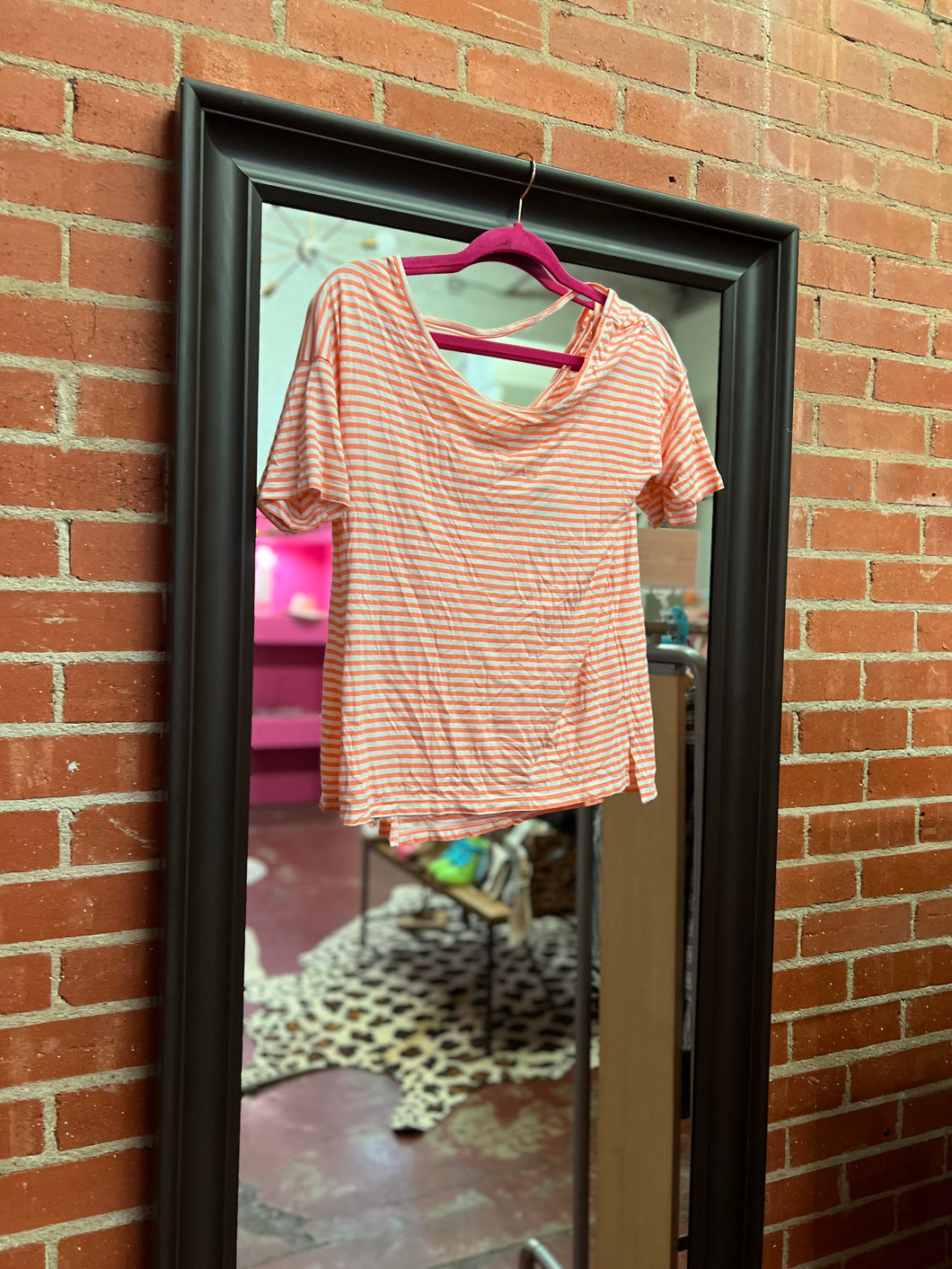 Coral Stripe Pink Bulldog Womens Top, Medium