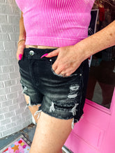 Load image into Gallery viewer, Mid rise patch black denim shorts
