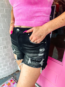 Mid rise patch black denim shorts