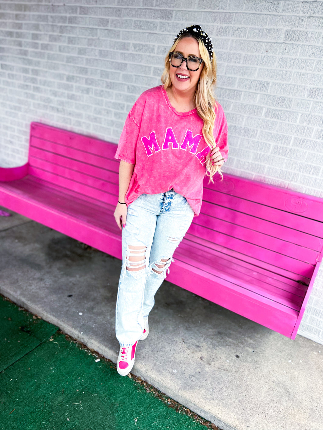 Mama pink acid wash oversized patch tee