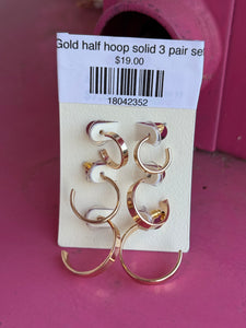 Gold half hoop solid 3 pair set