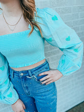 Load image into Gallery viewer, Sky blue sequin heart smocked crop

