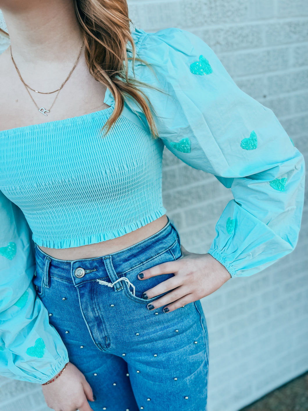 Sky blue sequin heart smocked crop