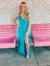 Load image into Gallery viewer, turquoise sequin LA FEMME womens formal dress, 2

