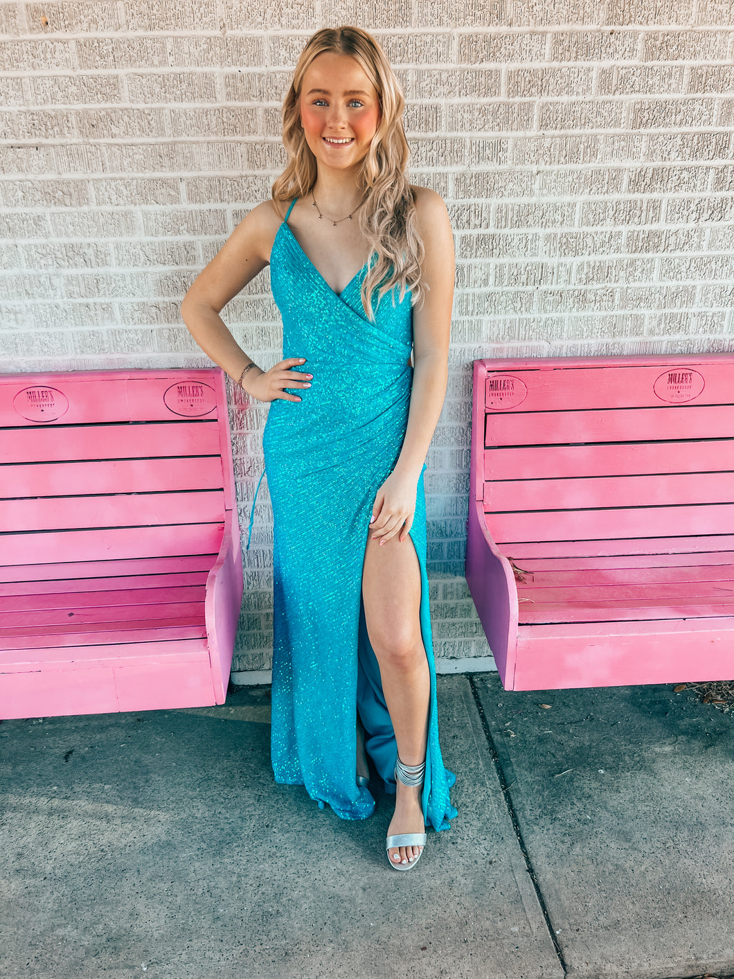 turquoise sequin LA FEMME womens formal dress, 2
