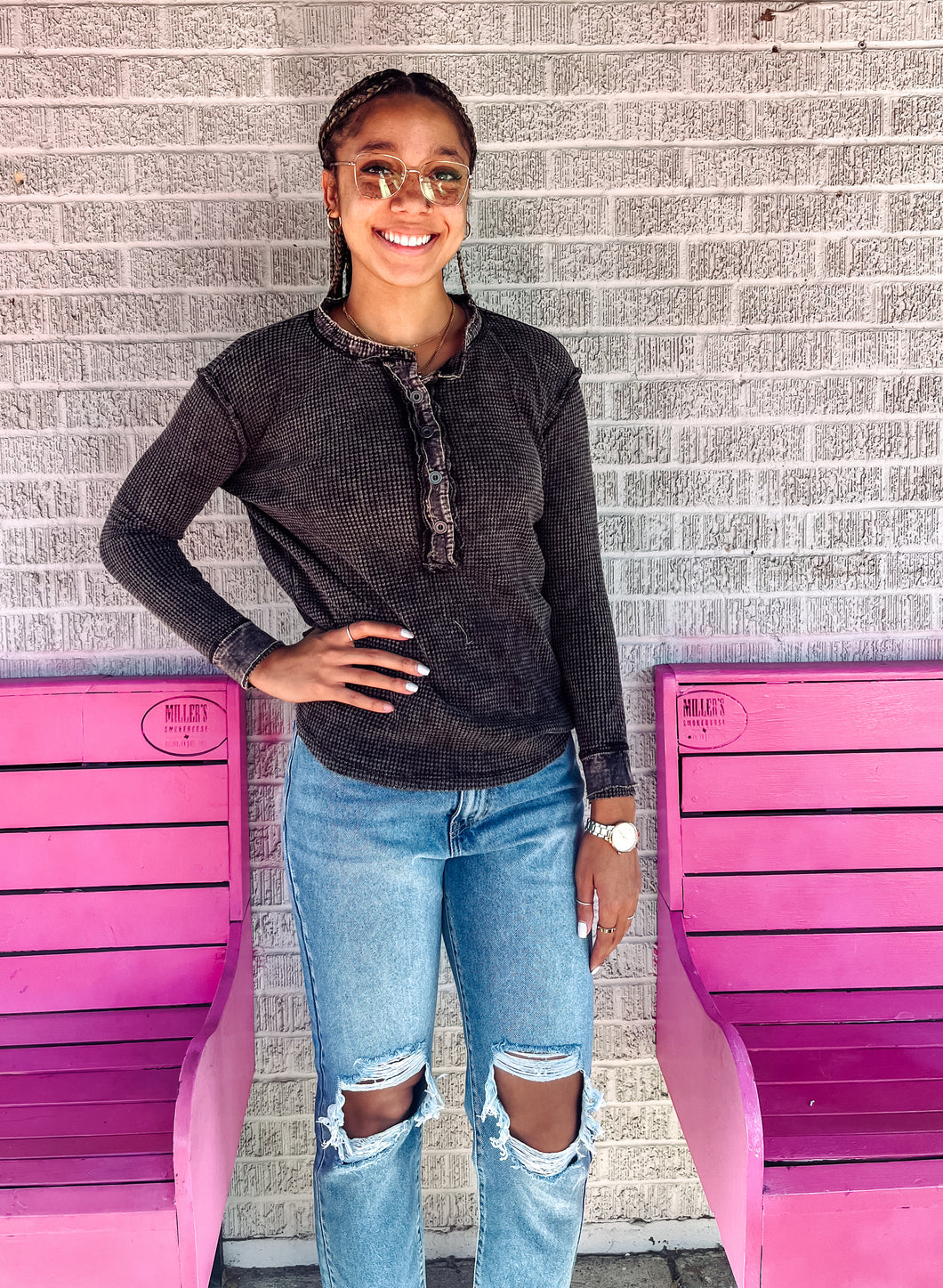 Mineral wash waffle knit Henley long sleeve