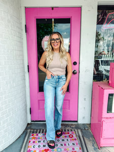 Tummy control mid rise light wash wide leg jeans