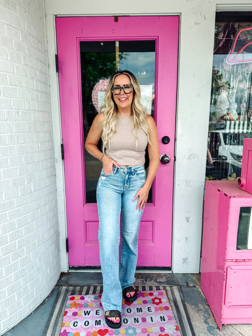 Tummy control mid rise light wash wide leg jeans