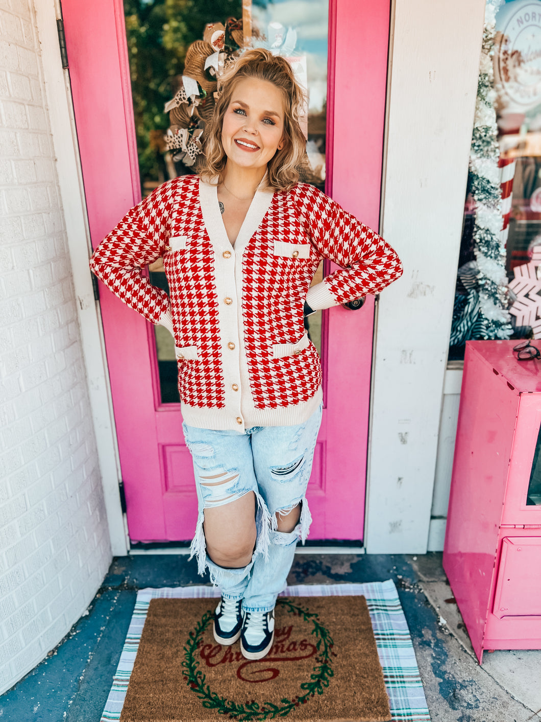 Red Houndstooth button up cardigan