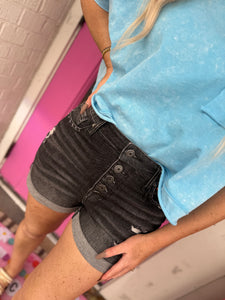High rise button fly black acid wash shorts