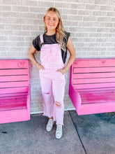 Load image into Gallery viewer, Pink distressed crop overalls
