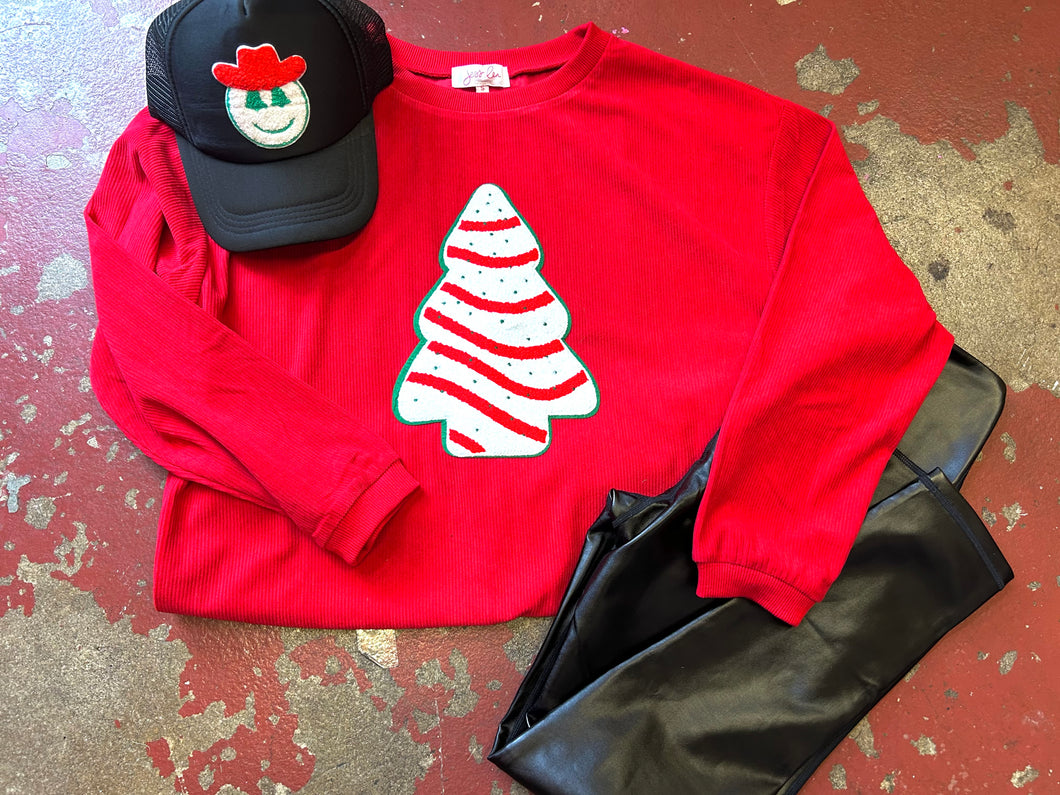 Snack cake varsity patch corded sweater