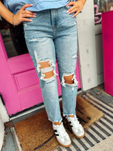 Load image into Gallery viewer, High rise distressed straight leg jeans
