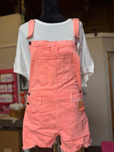 Load image into Gallery viewer, Neon Coral wash distressed overalls
