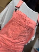 Load image into Gallery viewer, Neon Coral wash distressed overalls
