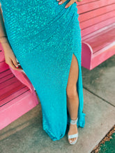 Load image into Gallery viewer, turquoise sequin LA FEMME womens formal dress, 2
