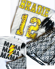 Load image into Gallery viewer, Softball Mama Lightning bolt custom name and number tee

