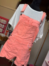 Load image into Gallery viewer, Neon Coral wash distressed overalls
