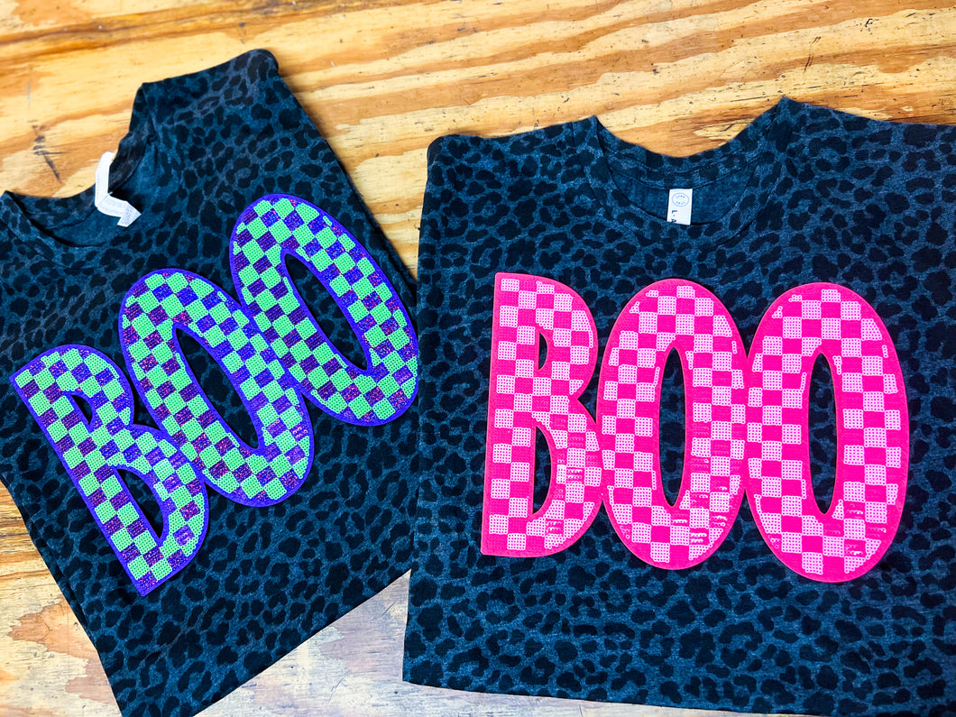 Black leopard BOO sequin patch tee