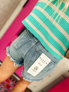 High rise distressed medium wash shorts