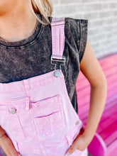 Load image into Gallery viewer, Pink distressed crop overalls
